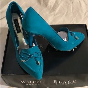 Turquoise/aqua suede& patent leather heels